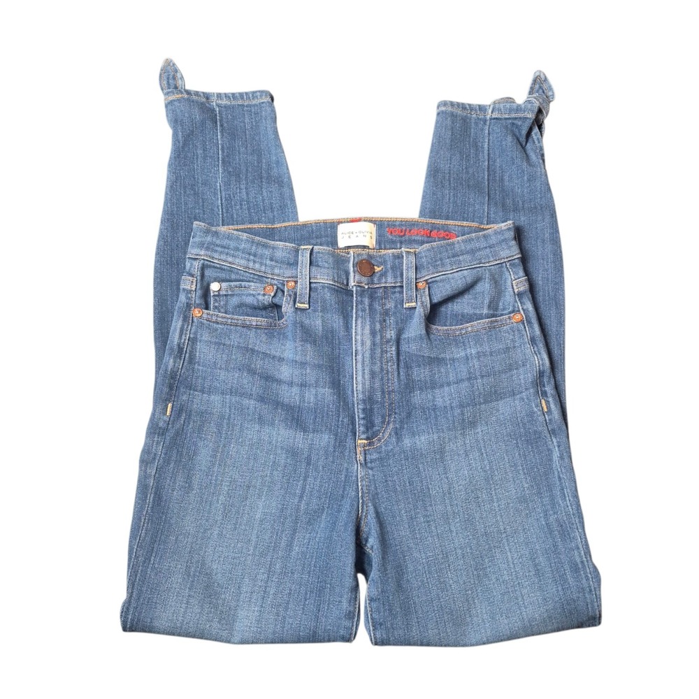 Alice + Olivia Womens 27 High Rise Ankle Tie‎ Jeans Blue Skinny Stretch USA